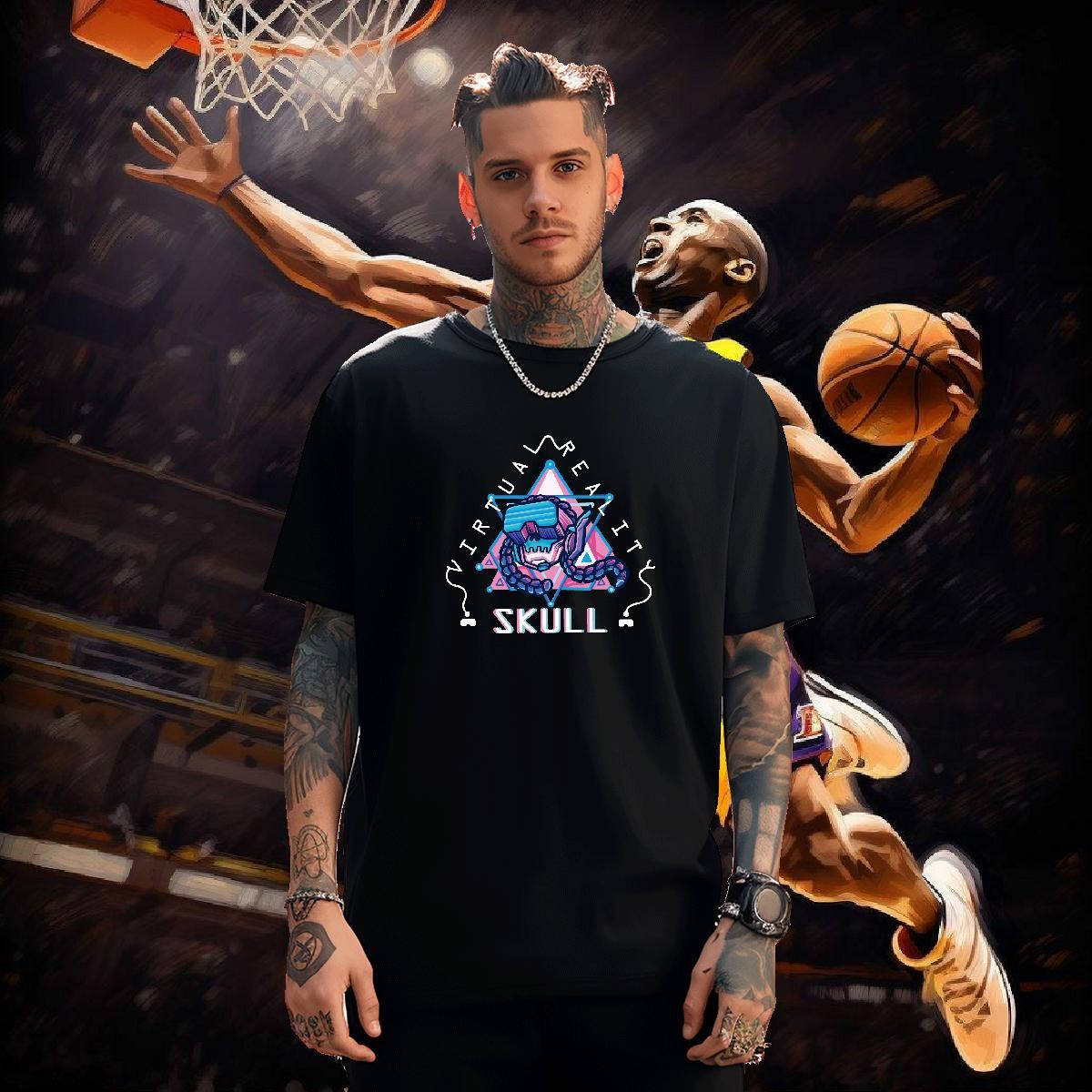 TOP Quality T shirt 100% Cotton 230g skull High Street Hip Hop DIY Printed O-Neck Short Sleeve Men Clothes T-Shirt New Polos