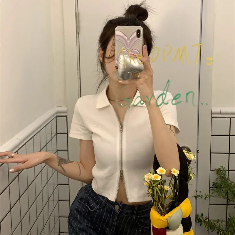 Women Knitted Zipper Short Sleeved T-shirts Lady Daily Comfortable Outside Crop Clothes Female Cutecore Collared Colorful Tops 240824