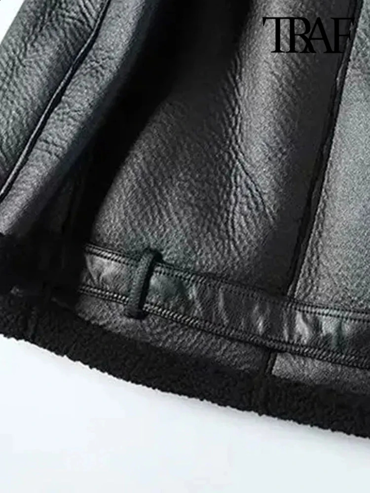 TRAF Womens Thick Warm Winter Fur Artificial Leather Oversized Jacket Long Sleeve Wear Fashion Top w240824