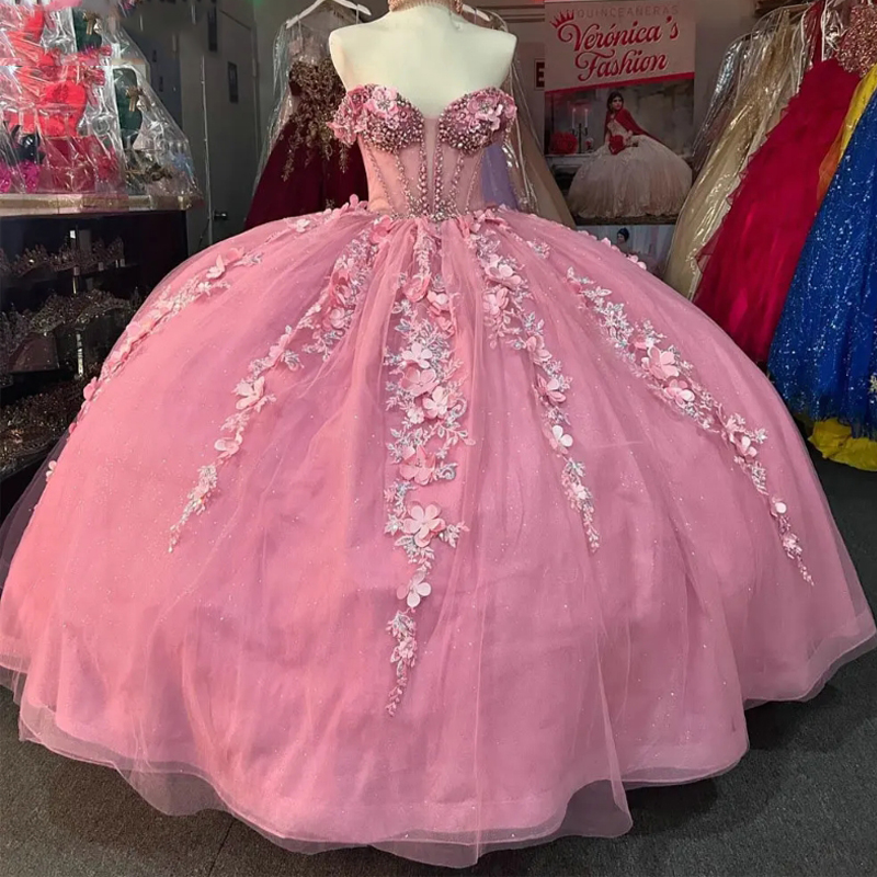 Pink Illusion Pearls Beading Quinceanera Dresses Ball Gown 3D wers Appliques Lace Sweet 16 Birthday Party Vestido De 15 Anos