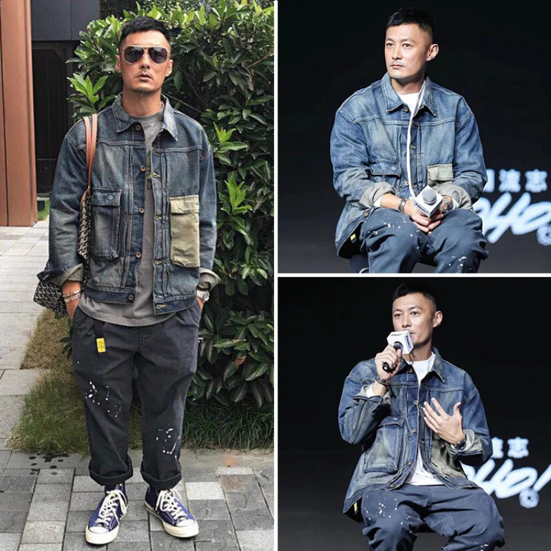 Mens denim jacket solid casual collar 3D decal work pocket fashionable cotton loose mens Chaquetas Vaqueras 240824