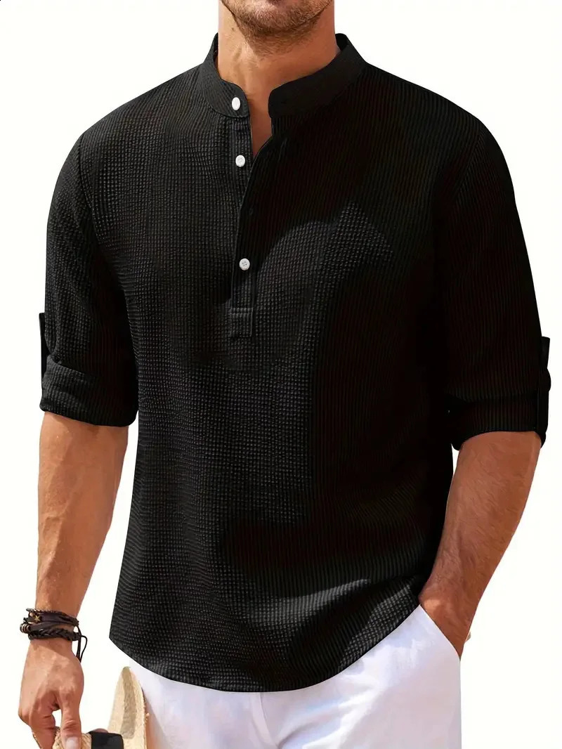Mens Polo Shirt Autumn Mens Long Sleeve Stand Collar Waffle Fabric Polo Shirt Mens Long Sleeve Solid Color T-Shirt Loose 240824