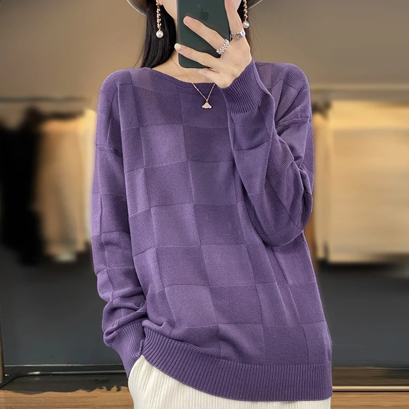 Autumn Winter Women 100% Cotton Soft Sweater Round Collar Square Pattern Pullover Loose Fashion Knitwear Casual Base Top 240824