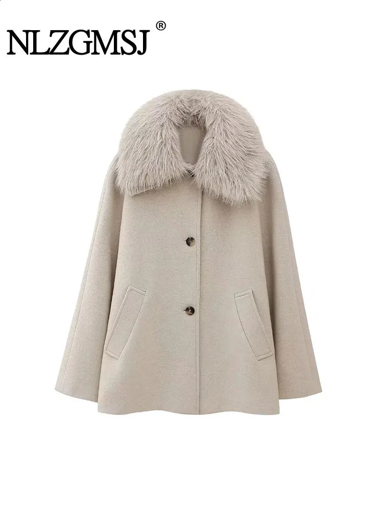 TRAF Autumn Womens Coat Long Sleeve Faux Fur Collar Jacket Wool Warm Winter 240824
