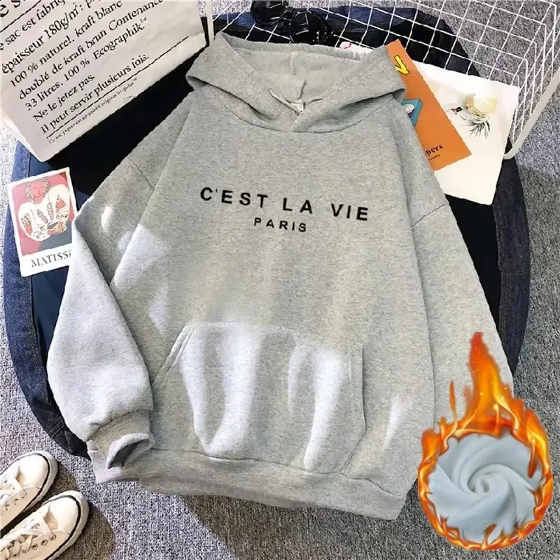 Autumn Winter Women Fleece Hoodies Thick Warm Female Long Sleeve Hooded Sweatshirts Casual Print Lady Loose Pullover Tops 240824