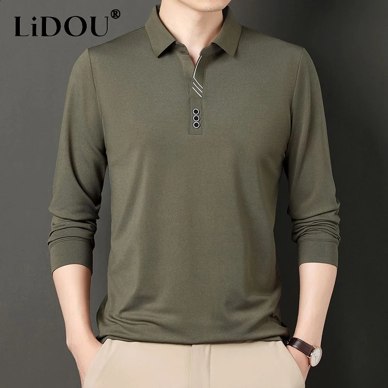 Spring Solid Color Turn-down Collar Long Sleeve Polo Shirts Man Loose Casual Formal Pullovers All-match Cotton Mens Clothing 240824