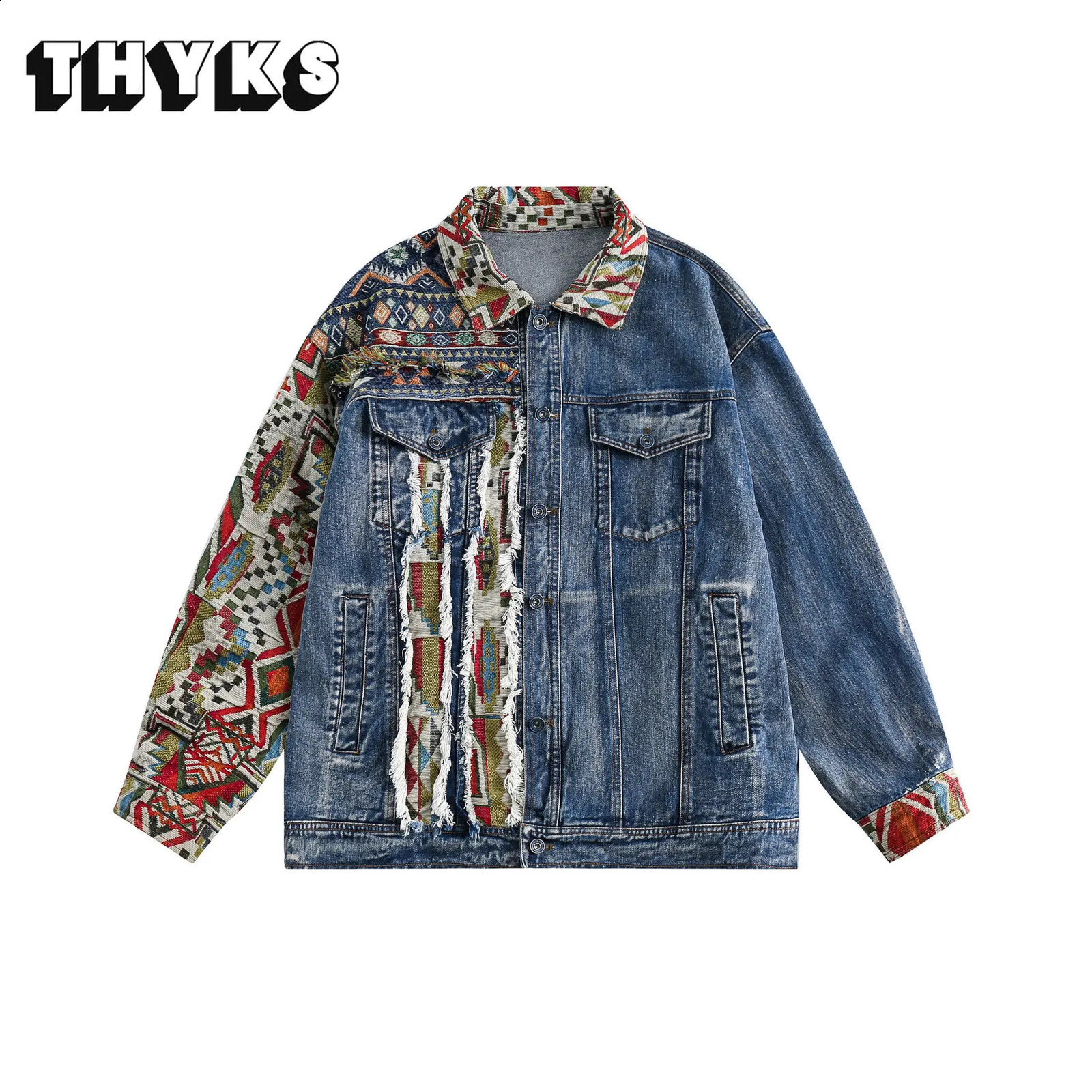 Hip hop denim jacket mens street clothing winter casual patch work classic loose jeans Ropa Hombre 240824
