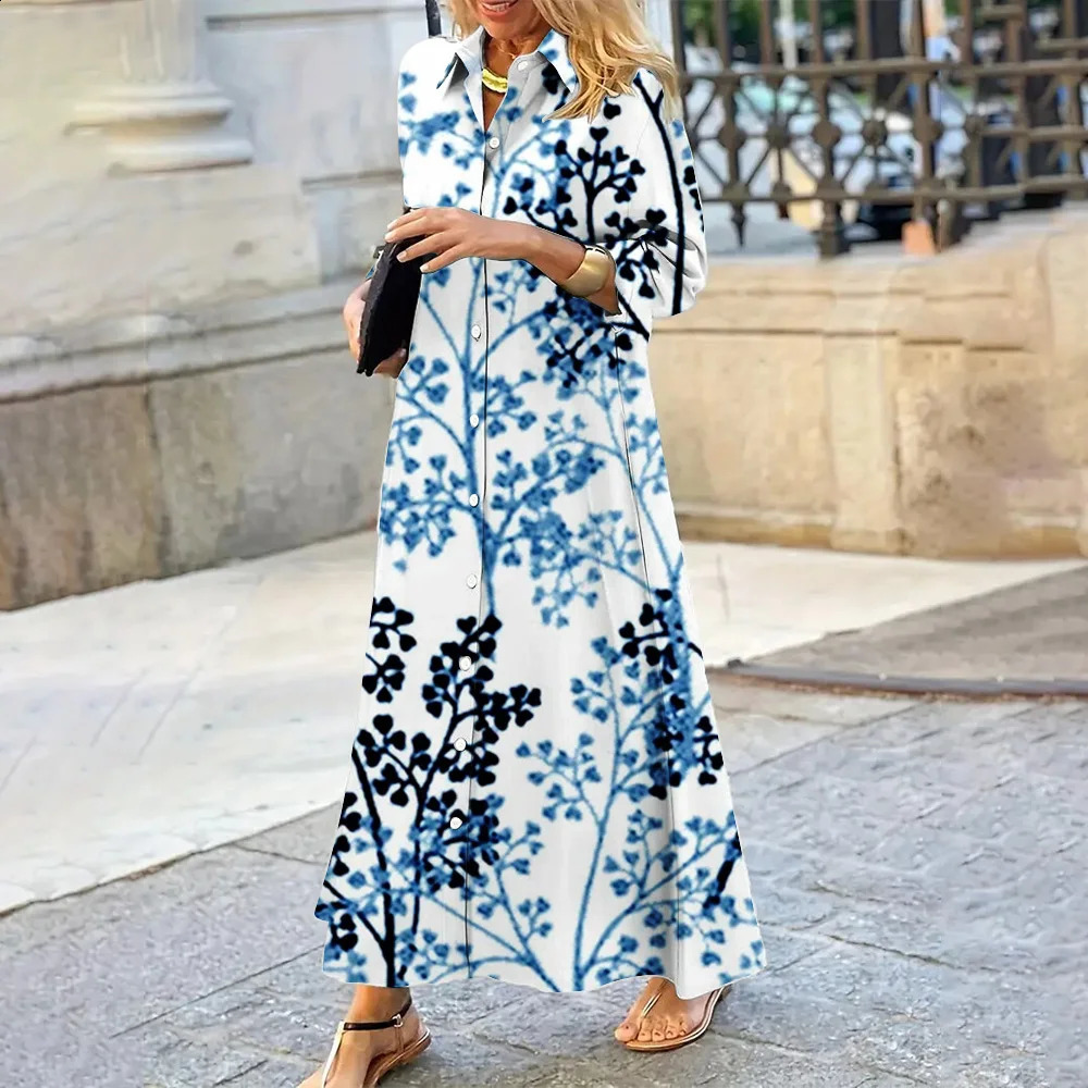 Summer Womens Dress Iapel Long-Sleeved Shirt Dress Classic Antique Porcelain Blue Pattern Single-Breasted Shirt Dress 240824