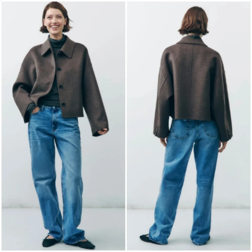 Stylish Womens Twotone Wool Coat for Women 2024 Warm Chic Singlebreasted Pocket Jacket Casual Slimfit Lapel 240824