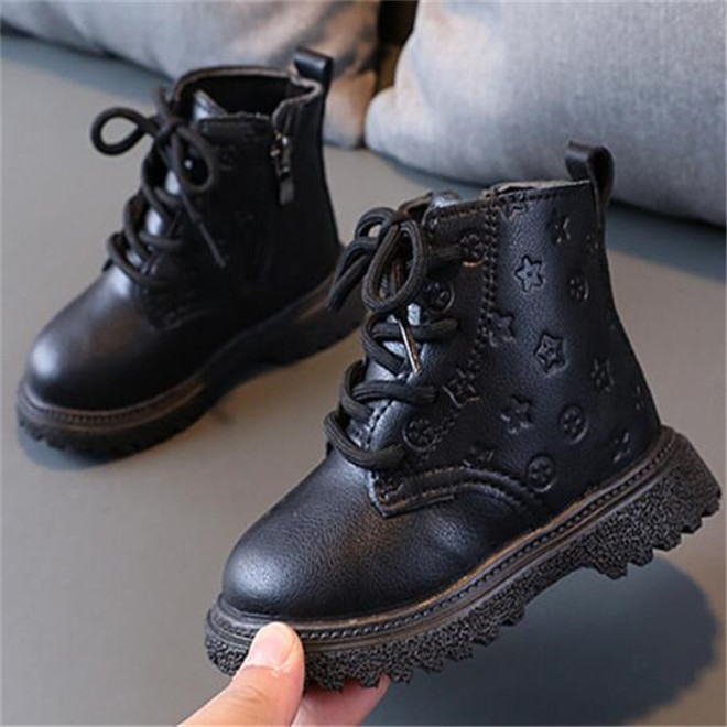 Kids Baby Martin Boots Pu Leather Winter Plus Velvet Shoes Fashion Embossed Side Zipper Children Boys Girls Snow Boots