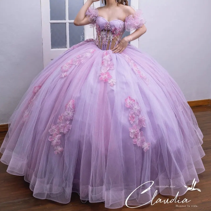 Lilac 3D wers Beading Crystal Ball Gown Quinceanera Dresses Illusion Off The Shoulder Sweet 16 Vestido De 15 Anos