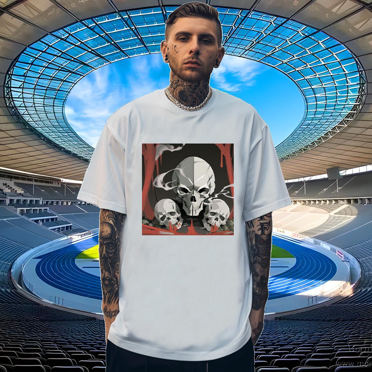 Cool Mens T Shirts 230g Pure Cotton skull Sport DIY Printed Round Neck Short Sleeve Tshirts Fashion Design Tops