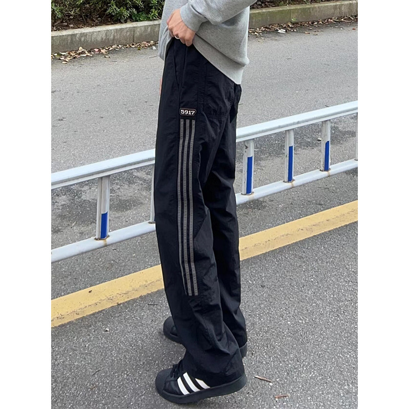 Korean Style Striped Pants Mens Summer New Quick Drying Work Pants Straight Leg Sports Casual Long Pants