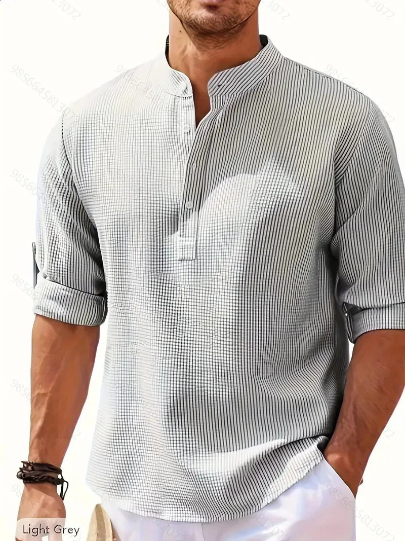 Mens Polo Shirt Autumn Mens Long Sleeve Stand Collar Waffle Fabric Polo Shirt Mens Long Sleeve Solid Color T-Shirt Loose 240824