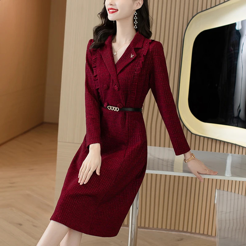 EVNISI Women Vintage Tweed Dress With Belt Button Long Sleeved Casual Office A-line Dresses Women Party Vestido Spring 240824