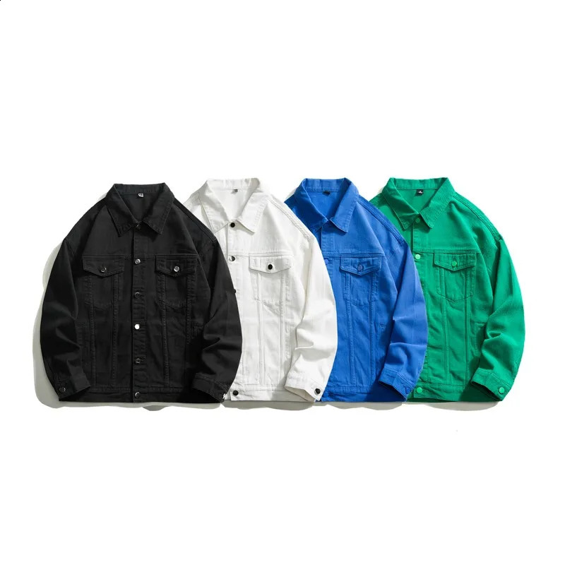 Mens loose casual denim jacket Korean fashion lapel solid color simple black and white blue mens 240824
