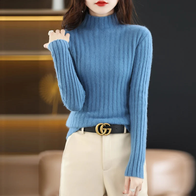 100% Mink Cashmere Womens Sweater Knitted Long Sleeve Pullover Half High Collar Loose Underlay Soft Fashion Womens Top 240824