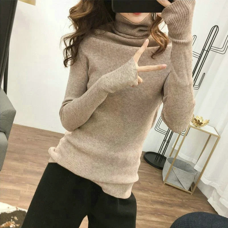 Knitted Sweater Women Korean Version Turtleneck Sweater Winter Solid Color Pullover Slimming Interior Lapping Warm Basic Tops 240824