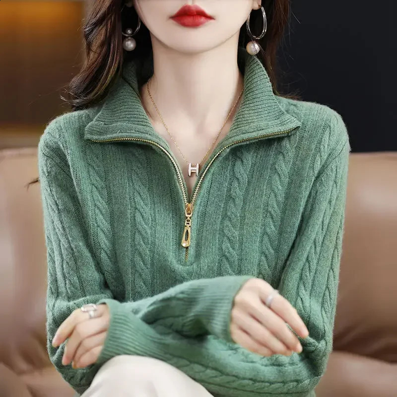 Women Autumn and Winter Half-turtleneck Zipper Sweater Pullover Warm Solid Wavy Lines Loose and Versatile Long Sleeves Top 240824
