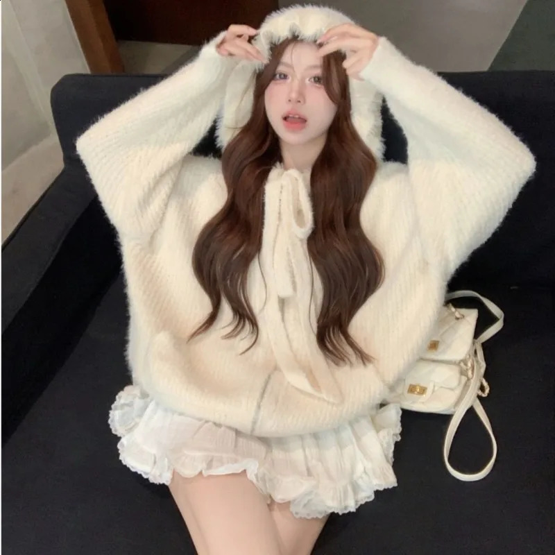 Sweet Hooded Knitwear Women Korean Lace Up Soft Glutinous Academy Fashion Gentle Solid Lazy Warm Winter Female Sweater Coat Top 240824