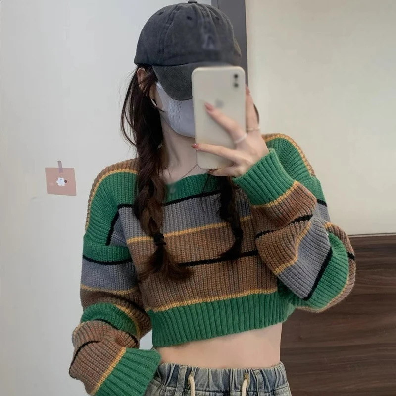 Striped long sleeved sweater for womens loose fitting and slimming outer wear knitted top 240824