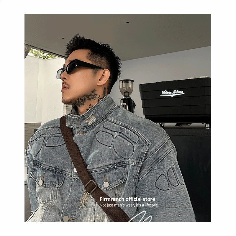 Firmranche test Armor Motorcycle Denim Jacket Mens Loose Strong Turtles Shell Tear Coat Spring Autumn 240824