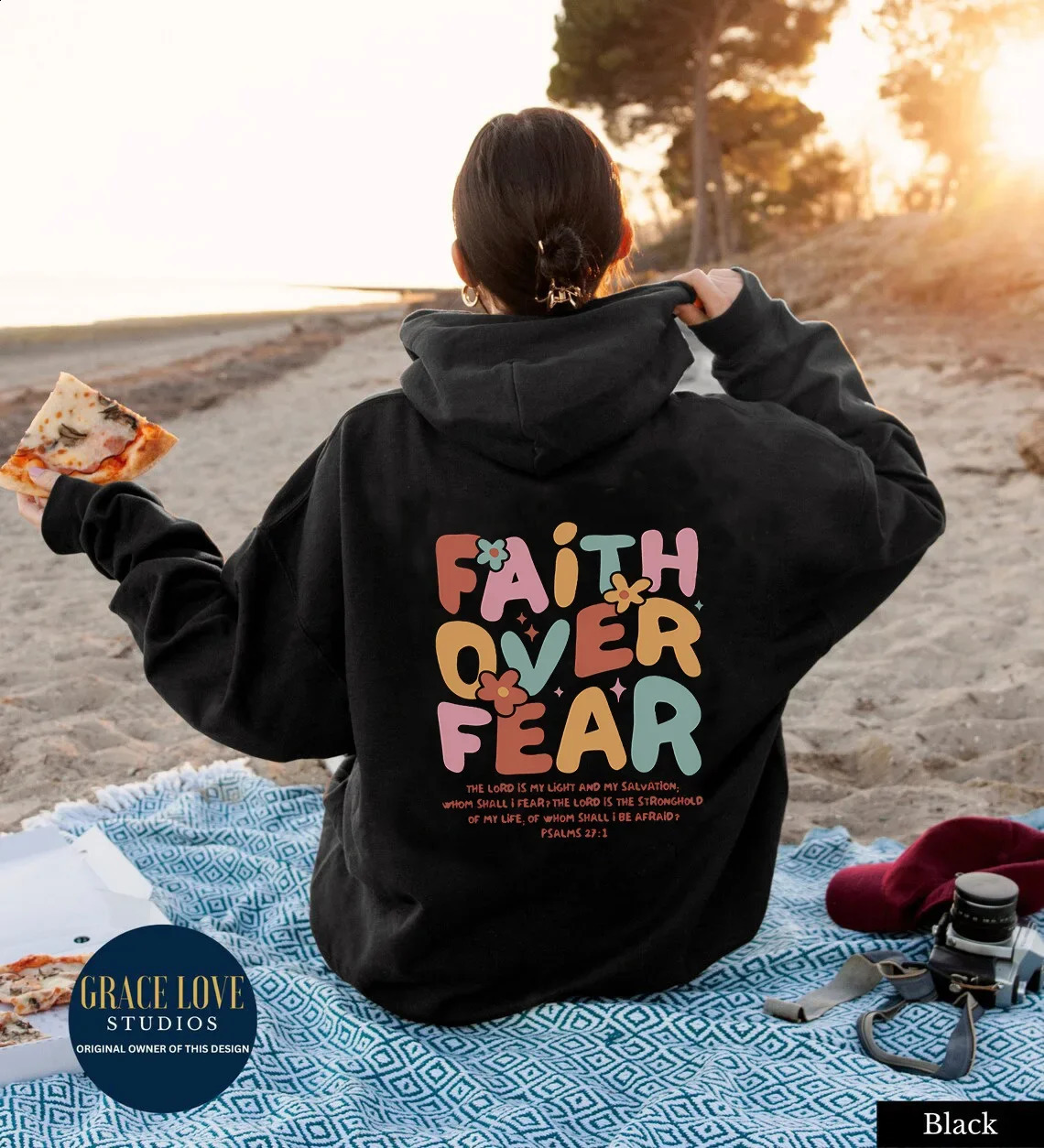 FAITH OVER FEAR style letter fashion printing hooded back collar plus velvet sweater for women 240824