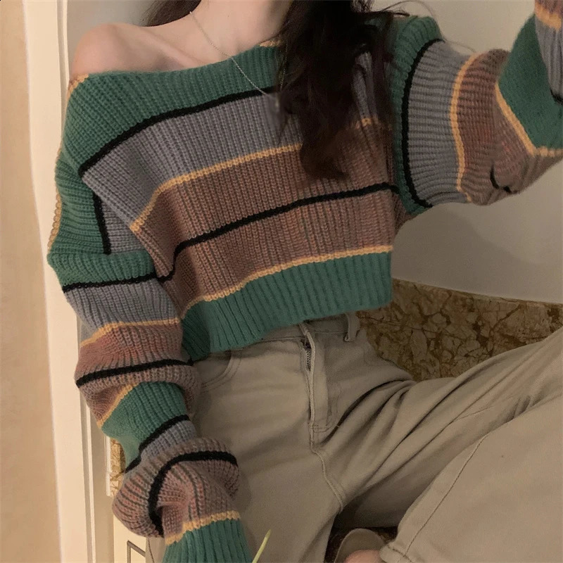 Striped long sleeved sweater for womens loose fitting and slimming outer wear knitted top 240824