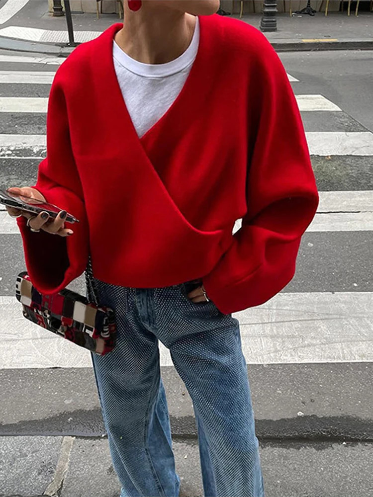 Vintage Knitted Woolen Jacket Casual Vneck Long Sleeve Female Short Coats 2024 Autumn Winter Fashion Lady Outwears 240824