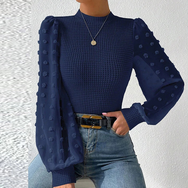 Women Solid Color Jacquard Shirts Mesh Patchwork n See Through O-Neck Puff Long Sleeve Autumn Slim Pullovers Knitted Top 240824