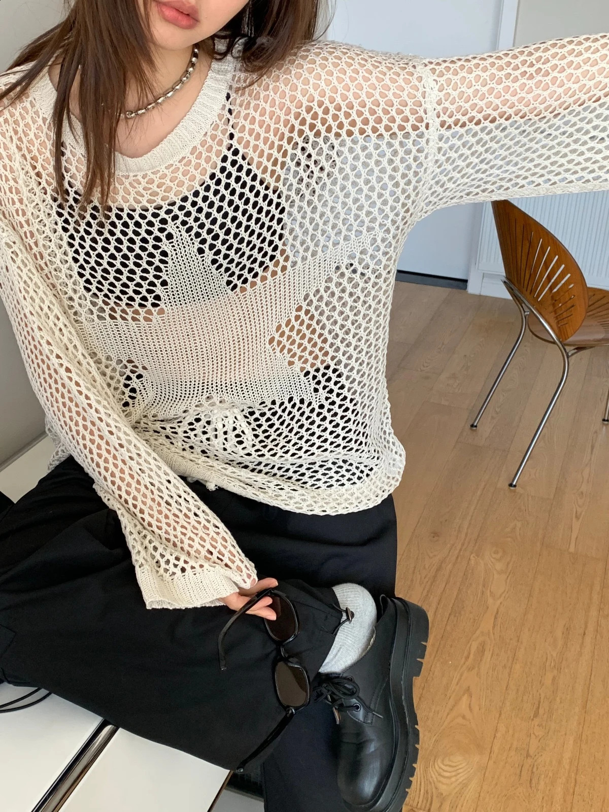 Loose Hollow Out Streetwear O-Neck Star Cover Up n Women Knitwear See Through Long Sleeve Casual Fashion Pullovers Tops 240824