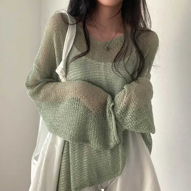 Hollow Out Chic Blouse Female Autumn Thin Knitwear Korean Loose Sweater Beige Women Fashion Jumpers Pullovers Casual Sweaters 240824