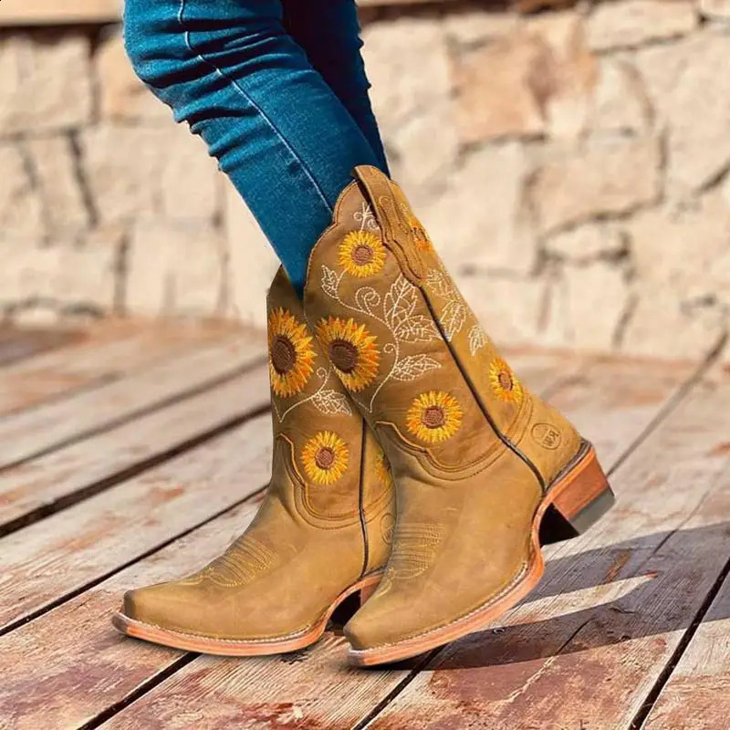 Womens denim boots with floral embroidery vintage denim boots equestrian knight high boots square toes vintage horseback riding gifts 240823