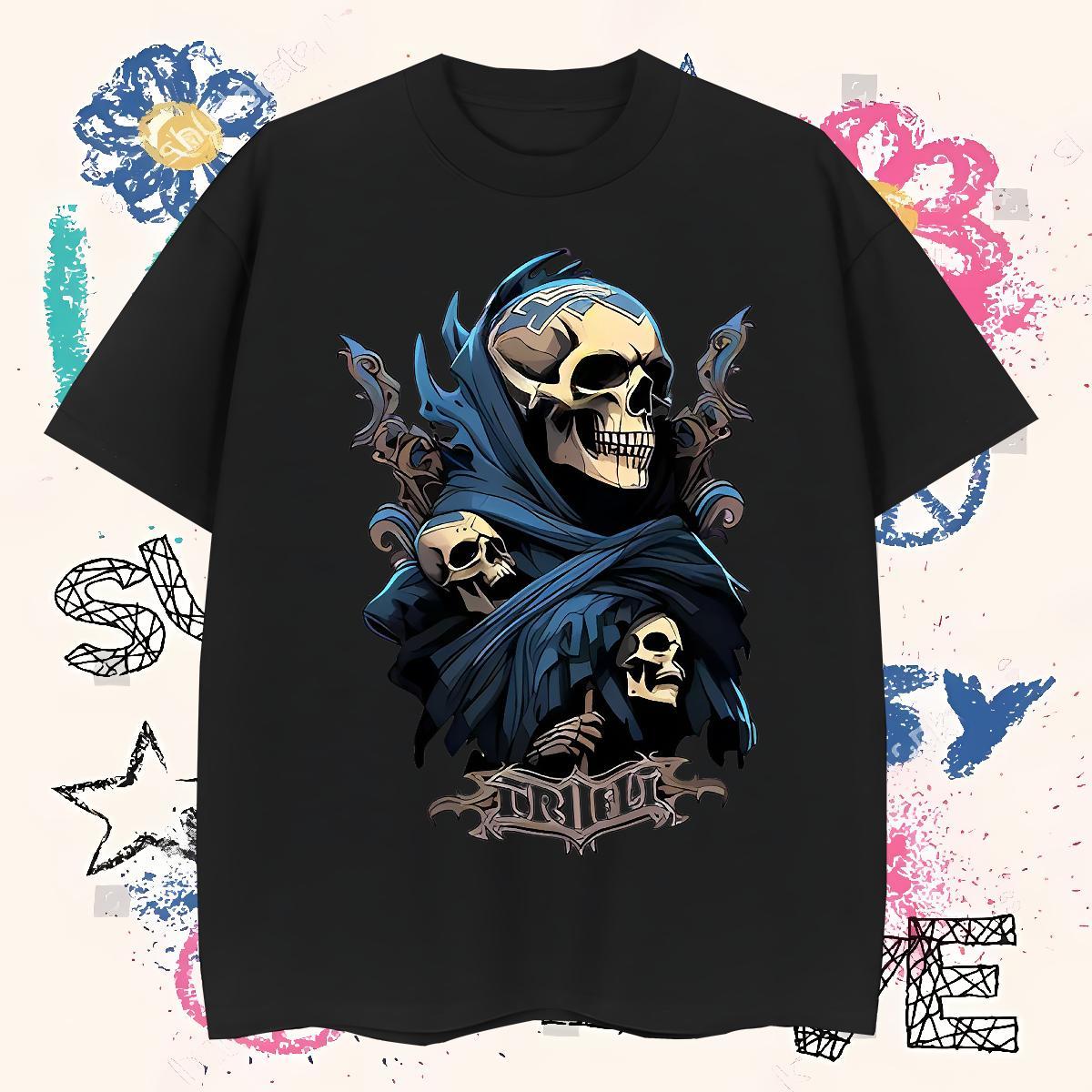 Popular Man T Shirts 230g Cotton skull Outdoor DIY Printed O-Neck Short Sleeve Men Clothes T-Shirt Fashion Tees Shirts
