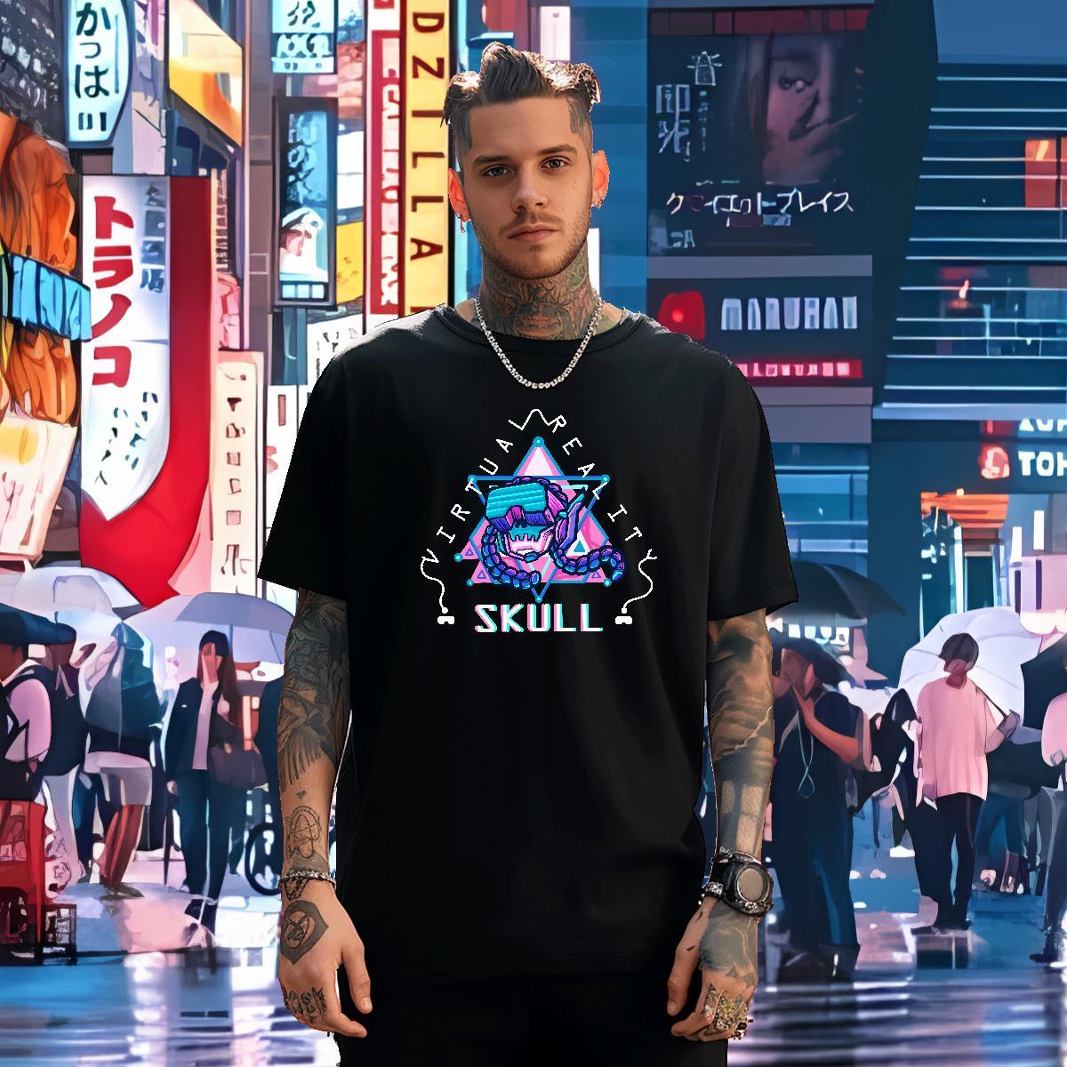 Loose T Shirts Men 100% Cotton 230g skull Street Wear Skull Breathable Crew Neck Mens Tshirts Factory Direct Tops Tees