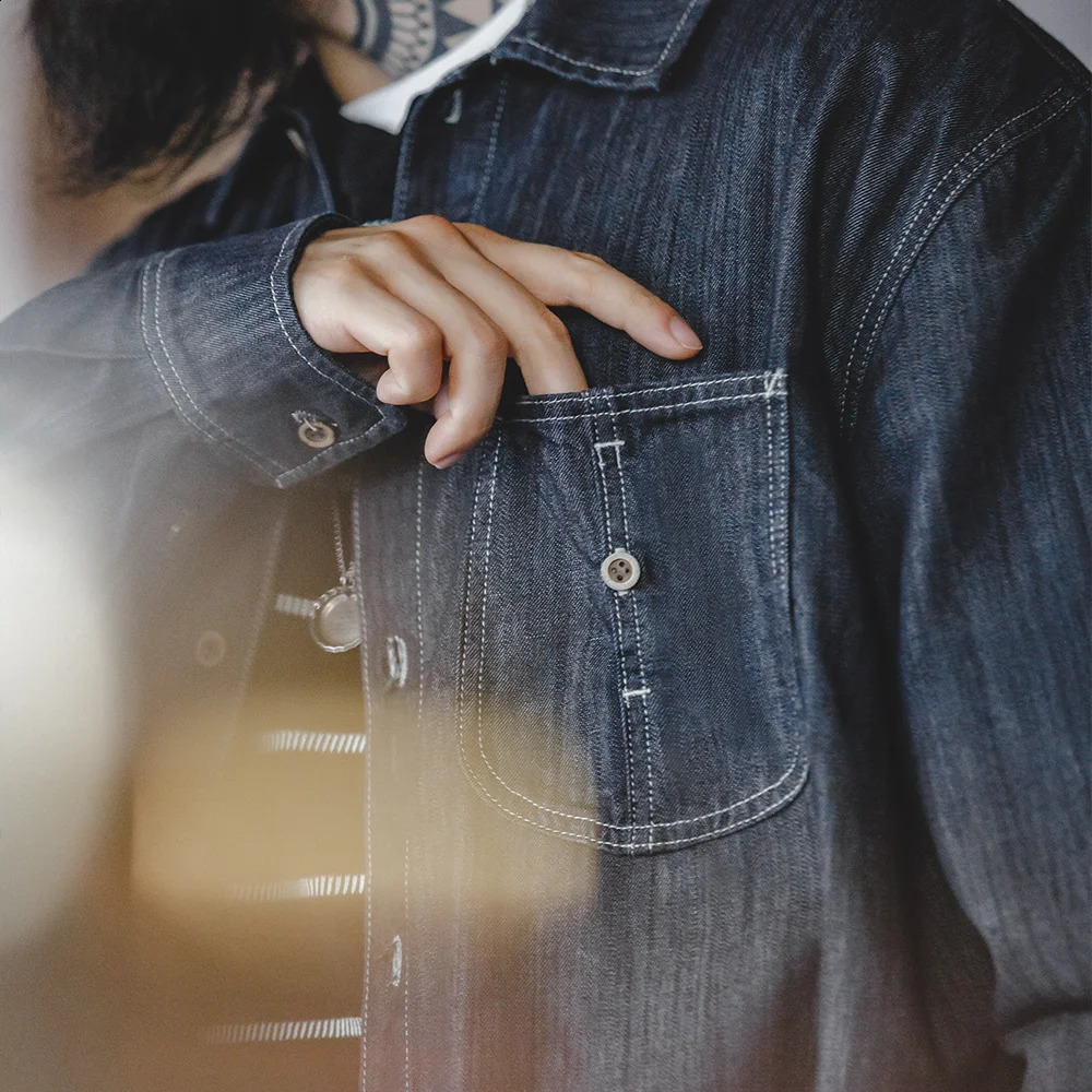Maden vintage large pocket washed denim shirt mens casual 240g button up long sleeved Amekaji loose workwear top 240824