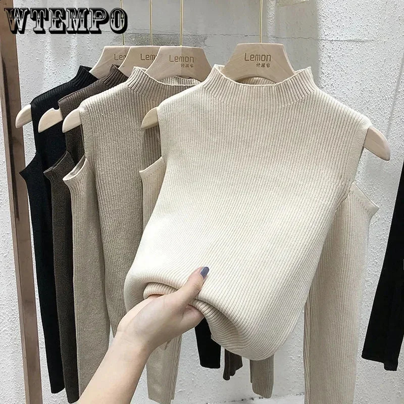 Fashion Sweaters Women Autumn Winter Knitwear Off Shoulder Sexy Pullover Sweaters Half High Neck Knitted Solid Casual Sweater 240824