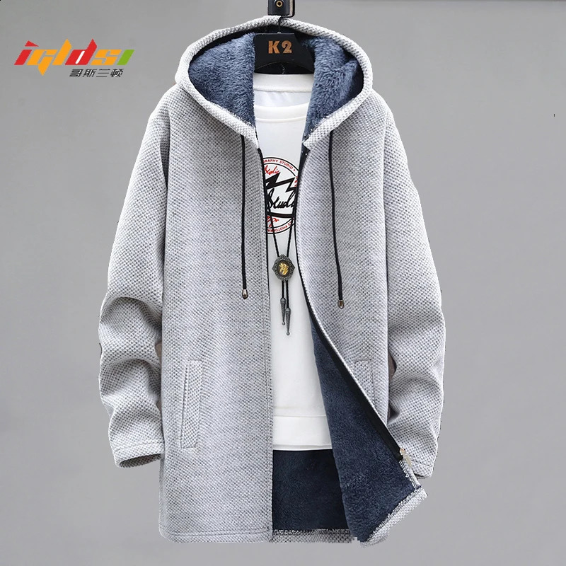 Long hooded wool cardigan mens winter thick warm velvet sweater knitted solid jacket zipper 240824