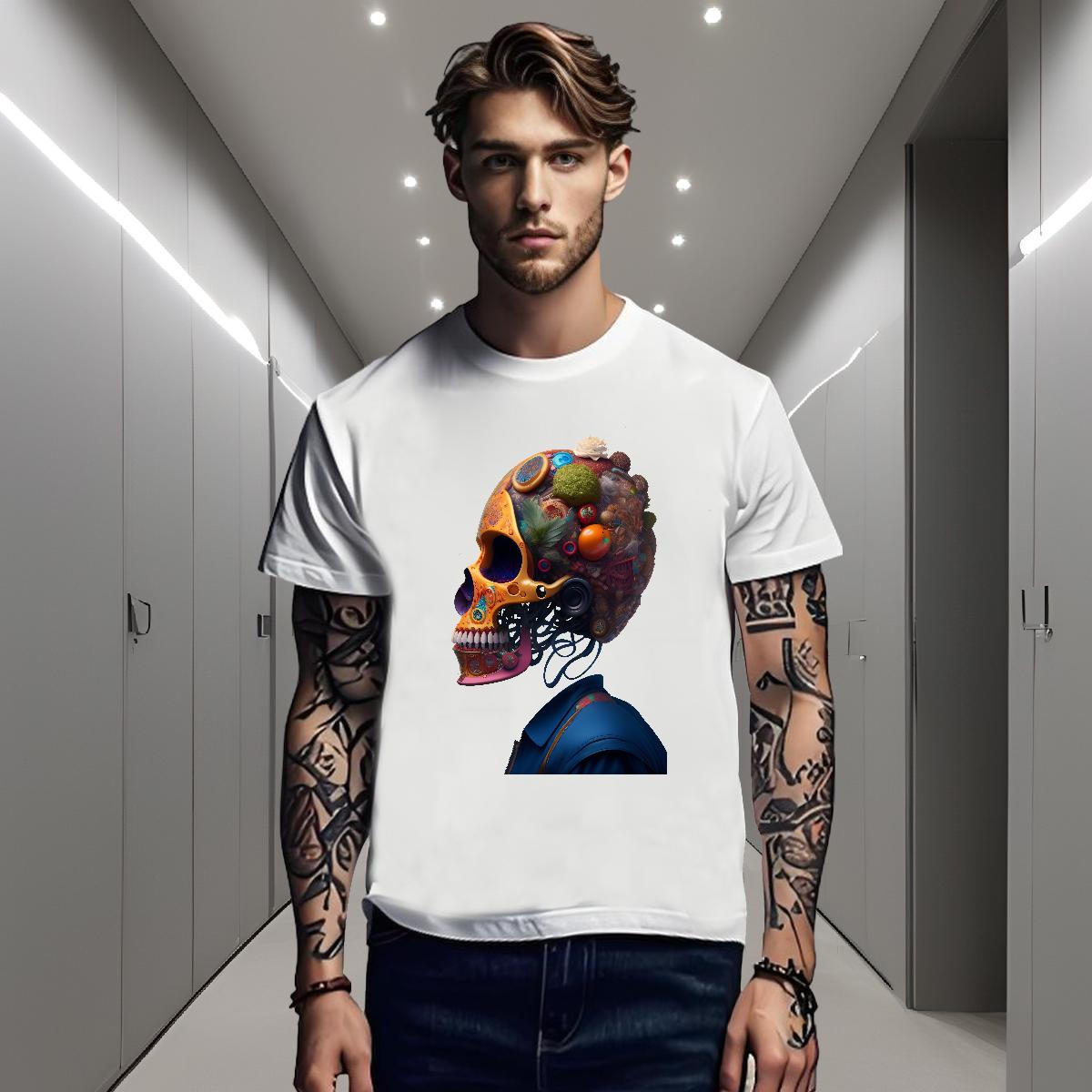 Comfortable T-Shirts for Men 230g Pure Cotton skull Daily Wear Asian Size O-Neck Short Sleeve Tshirts Stylist Clothings
