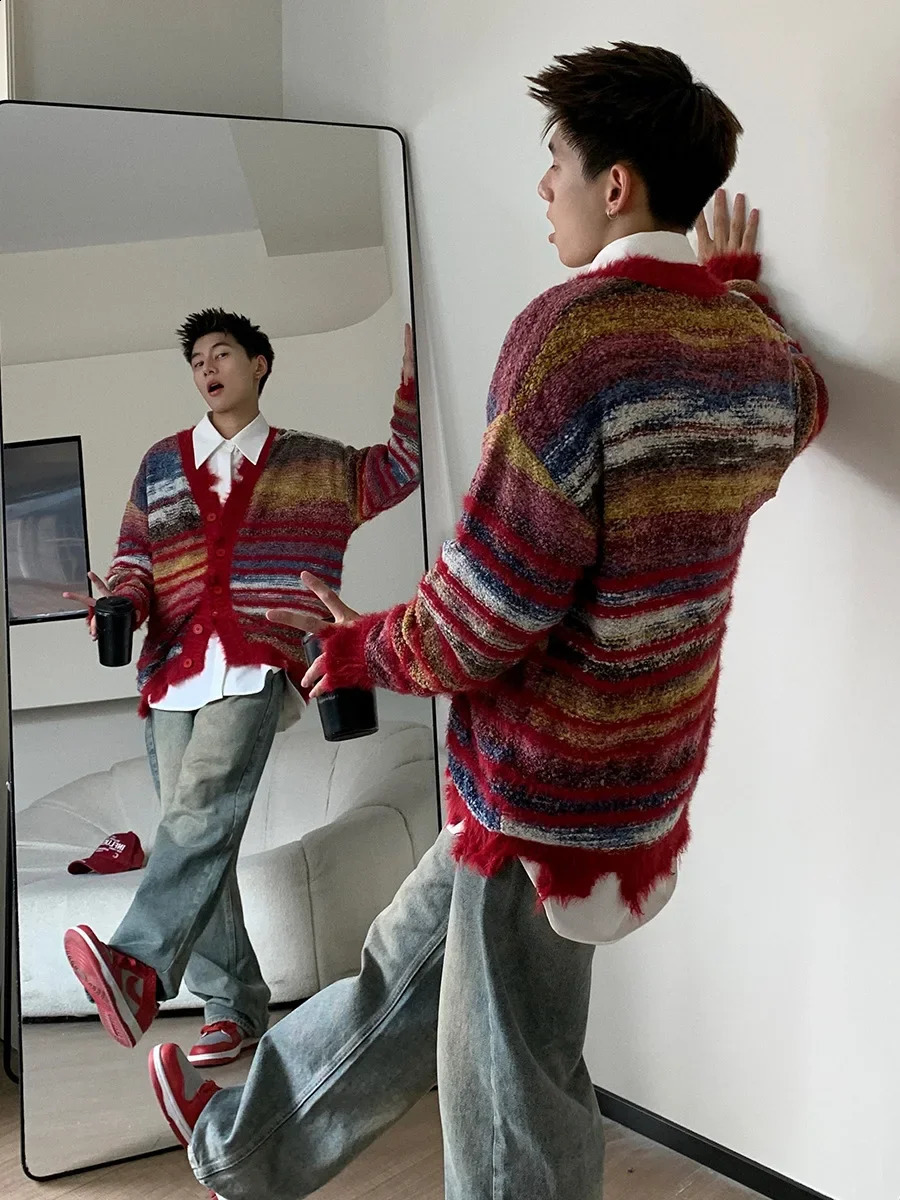 Vintagenichecasual Tie-dye Striped Sweater Jacket Unisex Loose-fit Knitted Cardigan Trendy Casual Wear V-neck Pullovers 240824