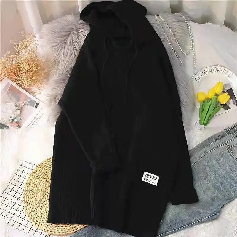 Autumn and Winter Hooded Knitted Sweater Womens Solid Color Knitted Sweater Loose Medium Long Thickened 240824