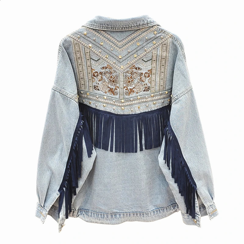 Denim Jacket Korean Floral Embroidery Suede Fringe Loose Chaquetas Mujer Coat Long Sleeve Outerwear Women Veste Femme 240824