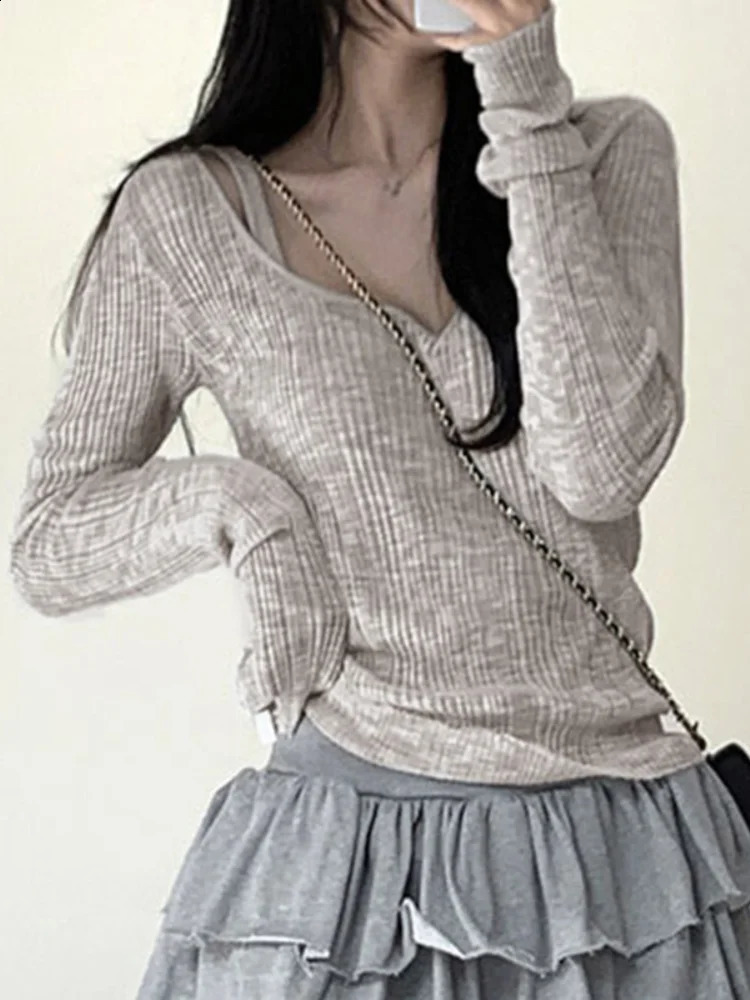 HOUZHOU Y2k Vintage Solid Knitted Pullovers Women Korean Style Elegant Office Siren Long Sleeve Base Slim Sweater Antumn 240824