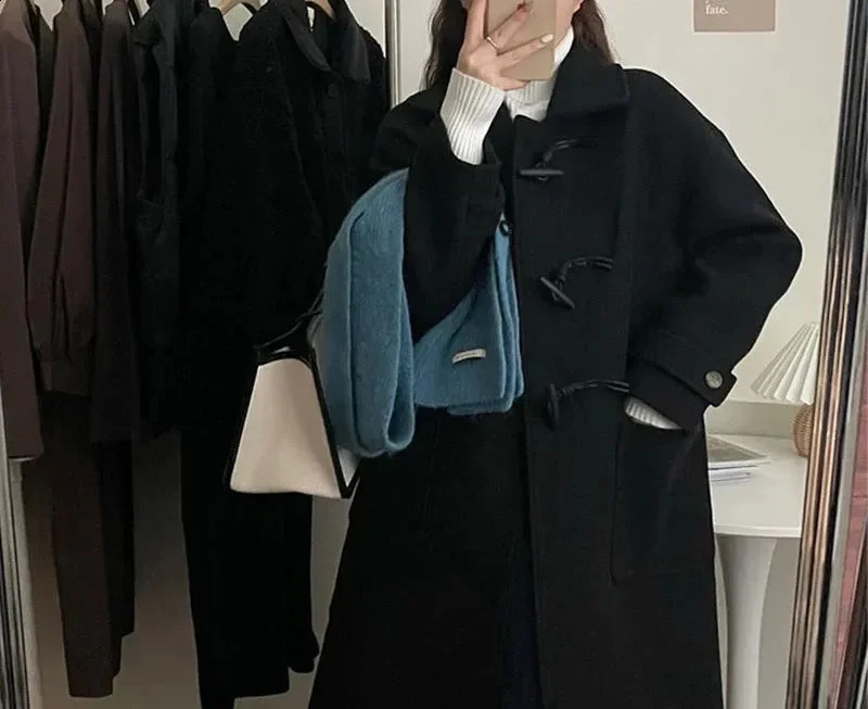 Horn button womens wool jacket autumn and winter item medium long small trench coat salt patterned style 240824