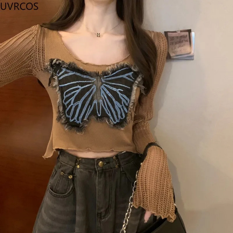Autumn Vintage Elegant Knitted Pullovers Women Butterfly Hollow Out Long Sleeved Knitwear Crop Tops Korean Fashion Sweater Coat 240824