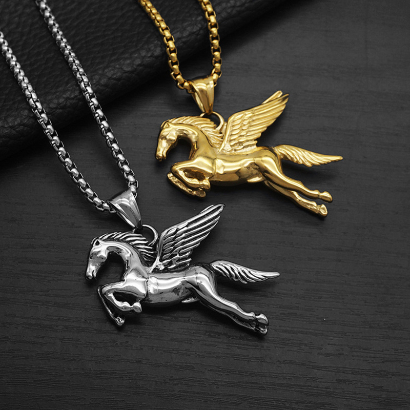Stainless Steel Pegasus Pendant Necklace 18K Gold Plated No Fade Charm Pegasus Horse Mens Jewelry
