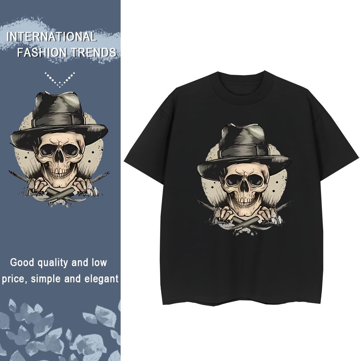 TOP Quality T Shirts Men 100% Cotton 230g skull Spring Summer Plus Size Cartoon Breathable Crew Neck Men Tops Tees Classic Clothes