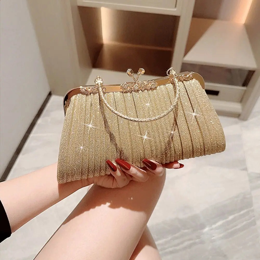 Gold Sequin Evening Bag Women Elegant Fashion Banquet Clutch Chain Shoulder Bags Purse Female Wedding Party Handbags 240824Z