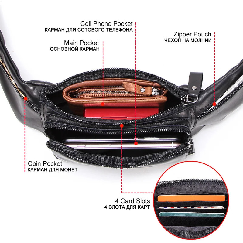 CONTACT genuine leather mens fanny pack casual phone bag mens travel cross body bag mens waist bag 240824