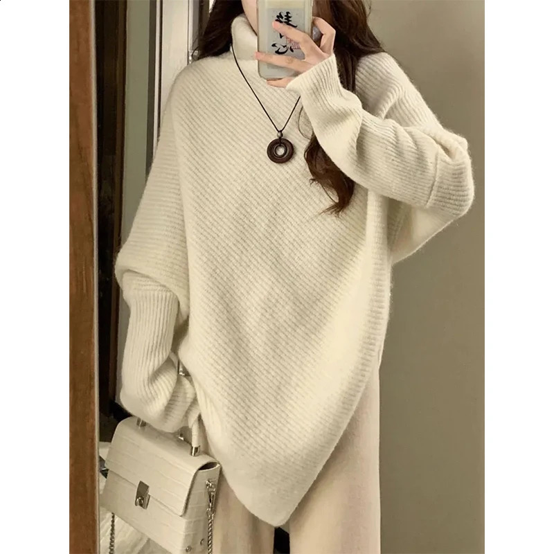 MEXZT Irregular Turtleneck Sweater Women Vintage Knitted Pullovers Korean Asymmetrical Knitwears Streetwear Casual Chic Jumper 240824